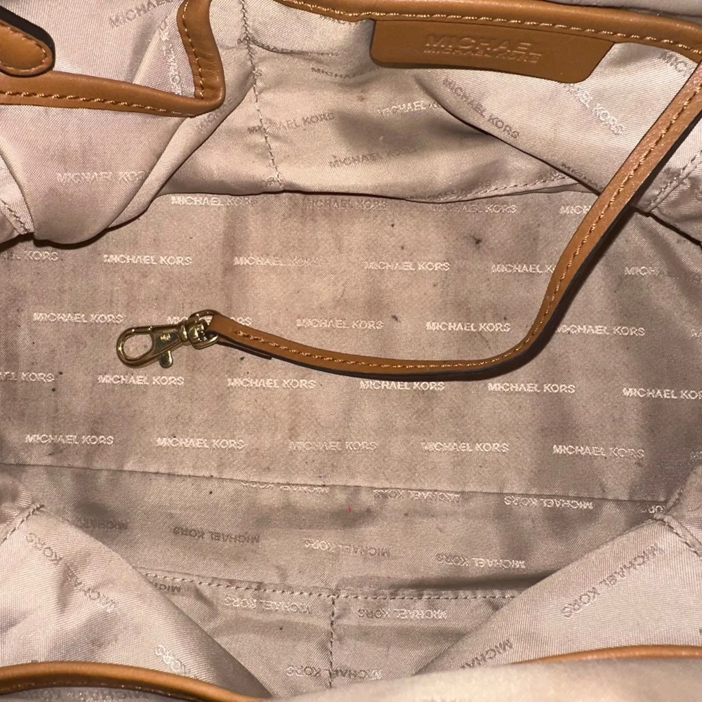 Michael Kors Monogram Kirby Satchel Bag Beige/Brown Vanilla/Acorn MK Logo Purse